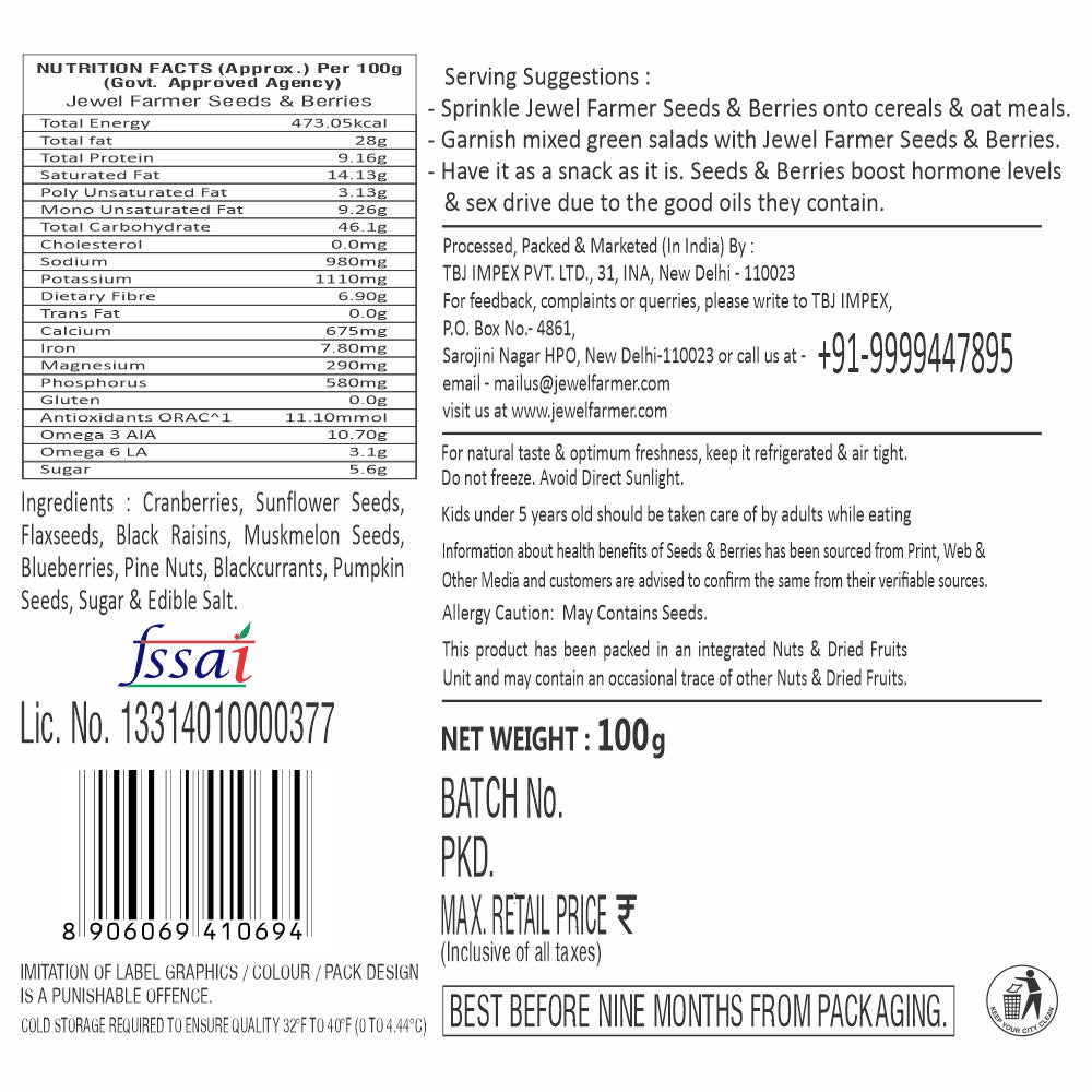 Information image of Jewel Farmer Seeds & Berries 100g displaying nutrition facts, natural ingredients, superfood benefits, allergen info, and health claims.