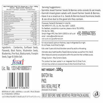 Information image of Jewel Farmer Seeds & Berries 100g displaying nutrition facts, natural ingredients, superfood benefits, allergen info, and health claims.