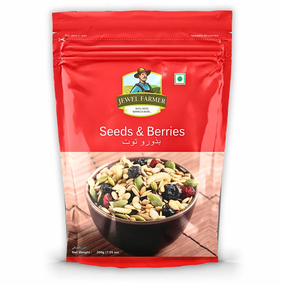 Jewel Farmer Seeds & Berries 200g – A premium mix of organic seeds and antioxidant-rich berries by India’s No. 1 Dry Fruits Brand, ideal for high-protein healthy snacking.