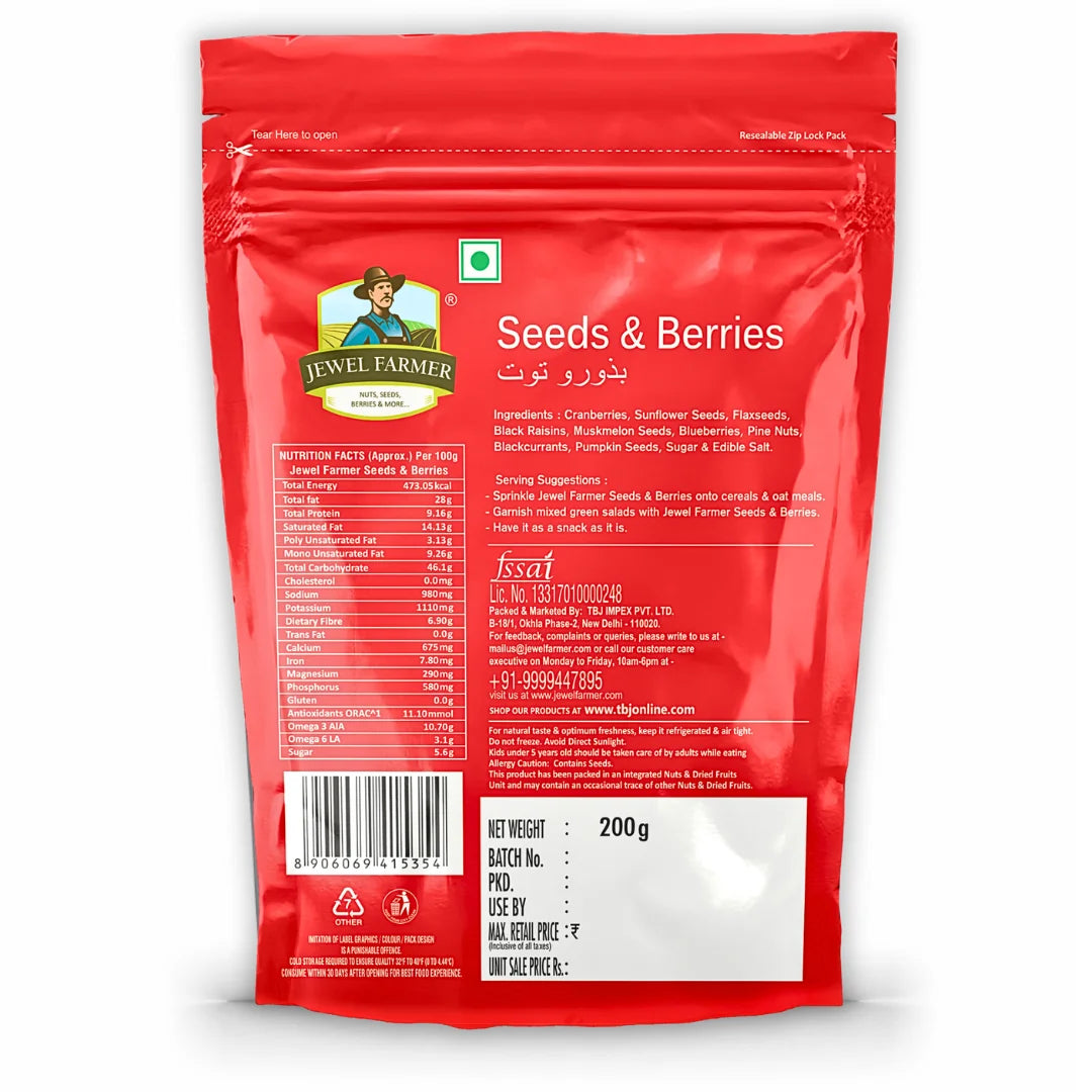 Back view of Jewel Farmer Seeds & Berries 200g pack showing nutrition facts, ingredient list, FSSAI license, health benefits, and storage instructions by India’s No. 1 Dry Fruits Brand TBJ Impex Pvt Ltd.