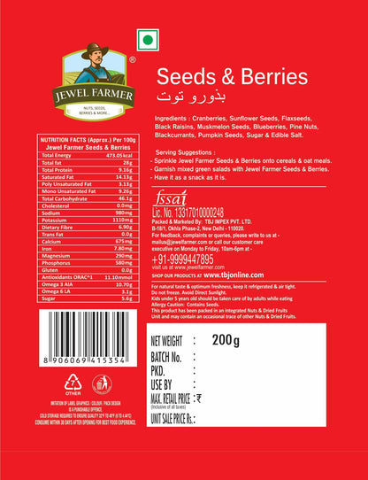 Information image of Jewel Farmer Seeds & Berries 200g displaying detailed nutritional values, superfood ingredients, dietary info, and health highlights by India’s No. 1 Dry Fruits Brand.