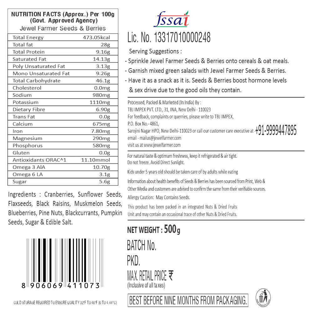 Jewel Farmer Seeds & Berries 500g information image – Detailed nutrition facts, ingredients, and health benefits of antioxidant-rich berries and protein-packed seeds. Perfect for fitness and wellness-focused diets.