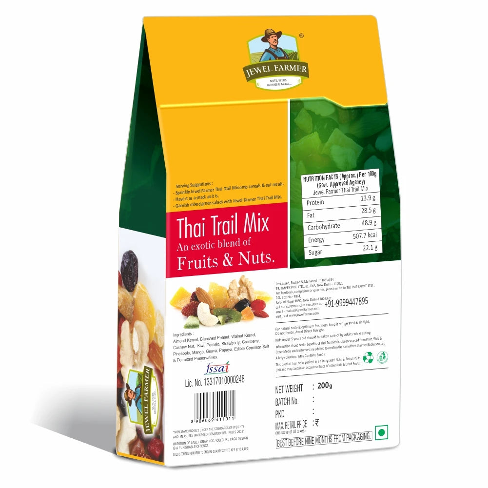 Back view of Jewel Farmer Thai Trail Mix 200g pack showing nutritional facts, ingredients list of premium dry fruits mix, and manufacturer details from TBJ Impex Pvt. Ltd., a trusted dry fruit brand in India.
