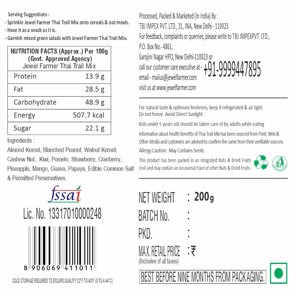Informational image of Jewel Farmer Thai Trail Mix 200g featuring health benefits, high protein content, organic dry fruits blend, and usage tips for nutritious and healthy snacking.