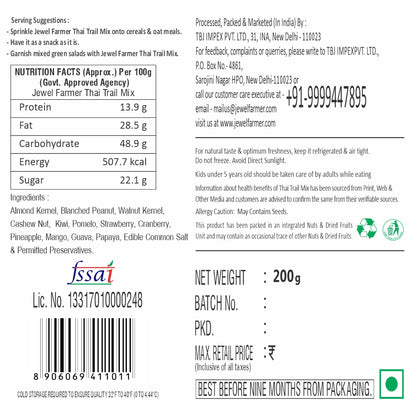 Informational image of Jewel Farmer Thai Trail Mix 200g featuring health benefits, high protein content, organic dry fruits blend, and usage tips for nutritious and healthy snacking.