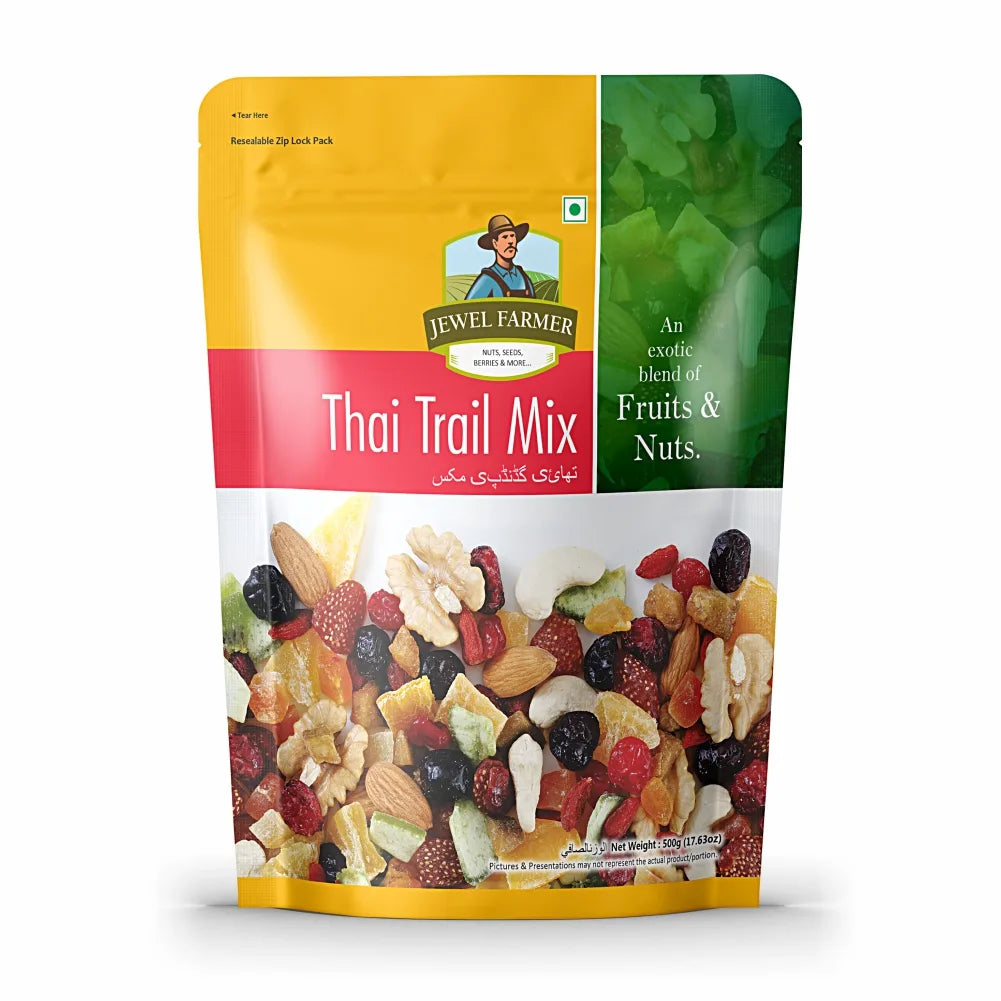 Jewel Farmer Thai Trail Mix 500g pack – premium blend of organic dry fruits and seeds, high in protein and perfect for healthy snacking, fitness diets, and energy-boosting nutrition.