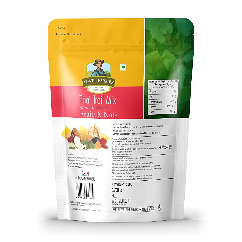 Back image of Jewel Farmer Thai Trail Mix 500g showing nutritional values, ingredients of organic dry fruits mix, and packaging details by leading dry fruit brand TBJ Impex Pvt. Ltd.