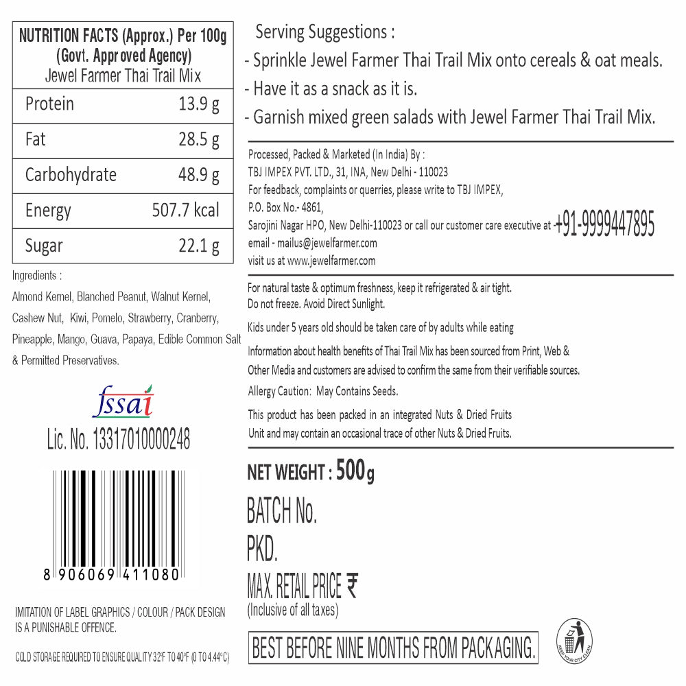 Informational image of Jewel Farmer Thai Trail Mix 500g highlighting organic ingredients, health benefits of premium dry fruits, high protein content, and ideal use for energy-rich, healthy snacking.