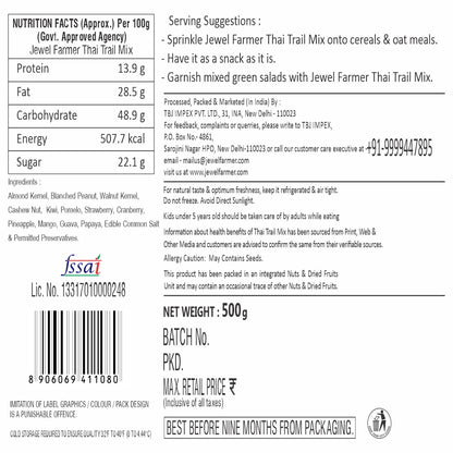 Informational image of Jewel Farmer Thai Trail Mix 500g highlighting organic ingredients, health benefits of premium dry fruits, high protein content, and ideal use for energy-rich, healthy snacking.