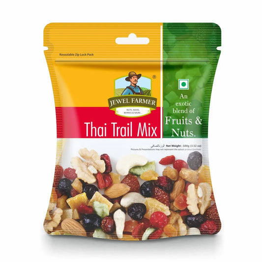 Jewel Farmer Thai Trail Mix 100g – premium dry fruits and seeds blend, high-protein organic snack ideal for healthy snacking and energy boost.