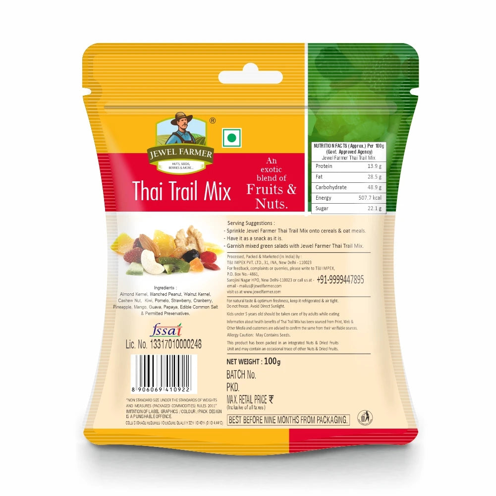 Back side of Jewel Farmer Thai Trail Mix 100g pack showing nutritional information, ingredients of premium dry fruits mix, and manufacturing details by top dry fruit brand in India.