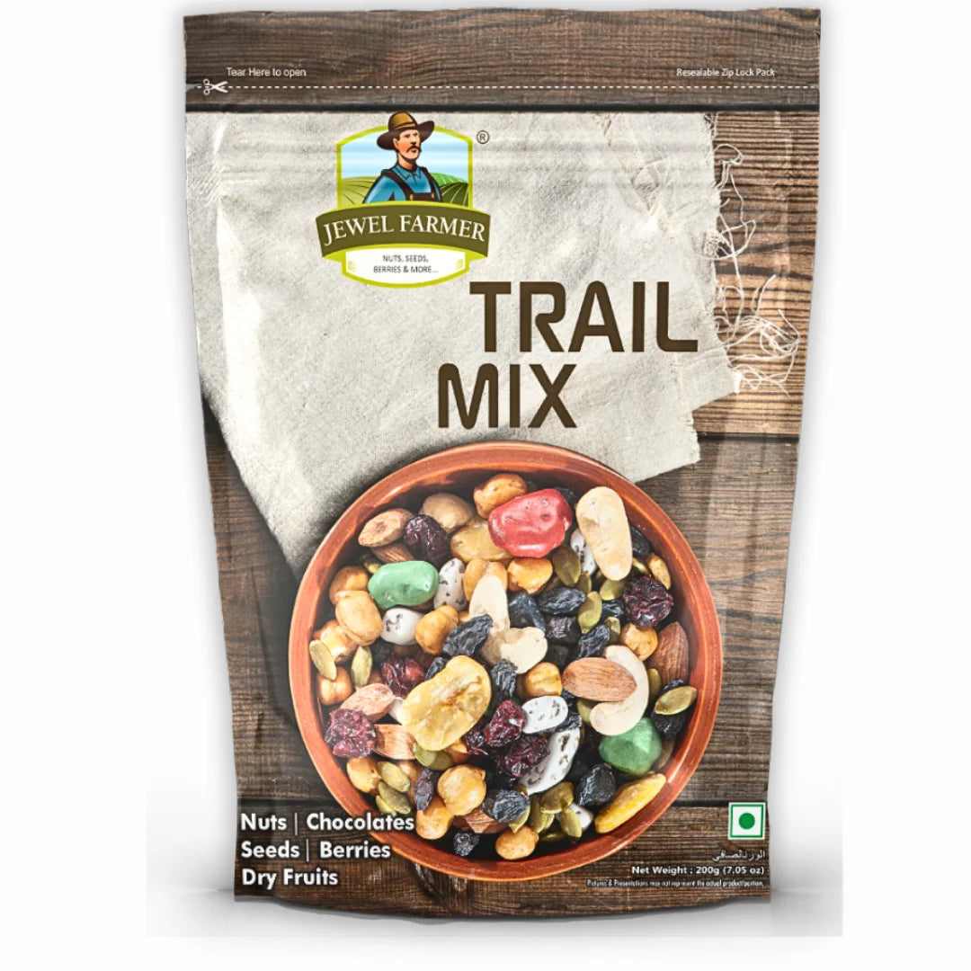 Jewel Farmer Trail Mix 200g pack – nutritious blend of organic dry fruits and seeds, rich in protein and ideal for healthy snacking and energy-boosting diets.