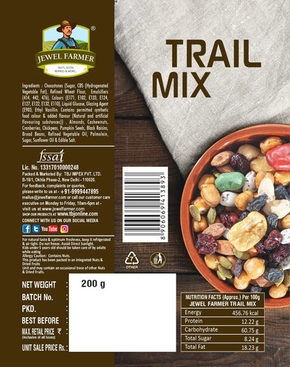 Informational image of Jewel Farmer Trail Mix 200g highlighting key health benefits, high protein value, and organic dry fruits ingredients for nutritious and fitness-friendly snacking.