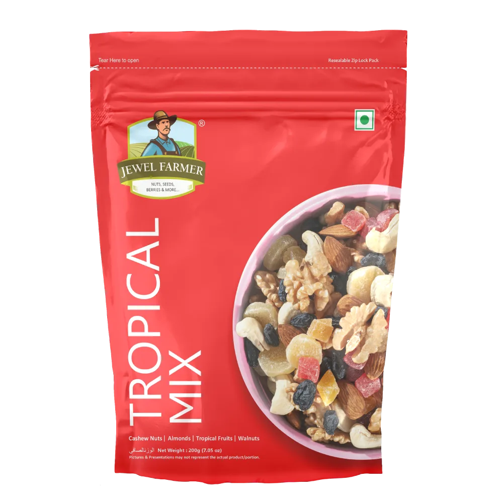 Jewel Farmer Tropical Mix 200g – a nutritious blend of almonds, cashews, dried mango, pineapple & more. High-protein, organic, and perfect for healthy snacking.