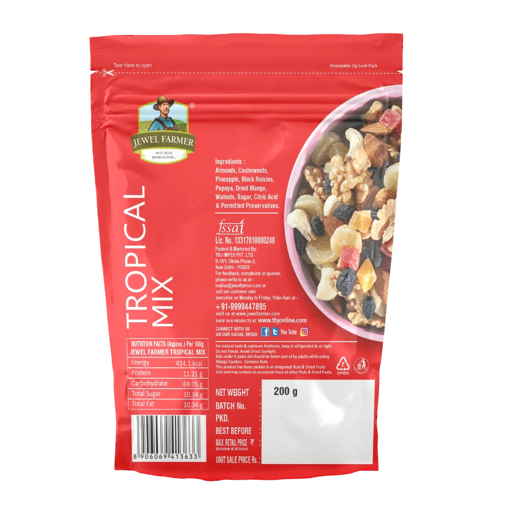 Back view of Jewel Farmer Tropical Mix 200g packaging – detailed nutrition facts, ingredients, health benefits, and storage instructions.