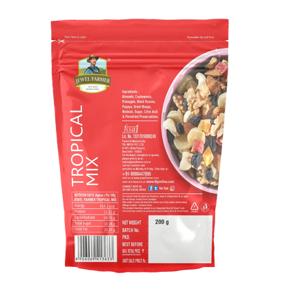 Back view of Jewel Farmer Tropical Mix 200g packaging – detailed nutrition facts, ingredients, health benefits, and storage instructions.