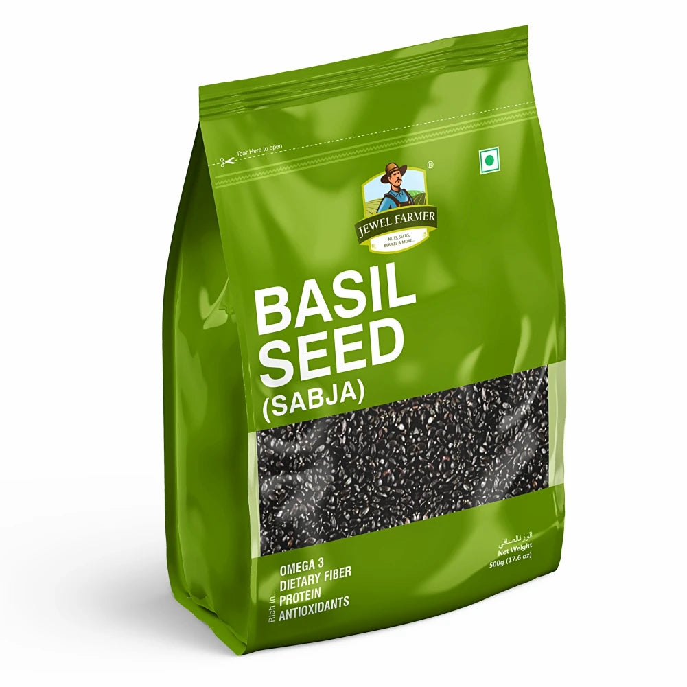 Jewel Farmer Basil Seed 500g pack – premium quality whole natural basil seeds rich in plant-based protein, fiber, and antioxidants. Ideal for healthy digestion, weight management, detox drinks, and fitness-focused diets. A trusted superfood product by TBJ Impex Pvt. Ltd., leading brand in dry fruits and natural wellness foods.