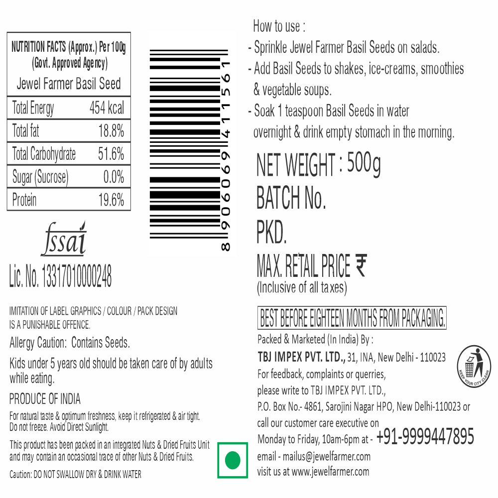 Informational image of Jewel Farmer Basil Seed 500g highlighting key health benefits, rich protein and fiber content, and versatile uses in detox water, smoothies, and healthy recipes. A premium superfood product by TBJ Impex Pvt. Ltd., known for natural wellness and dry fruit-based nutrition.