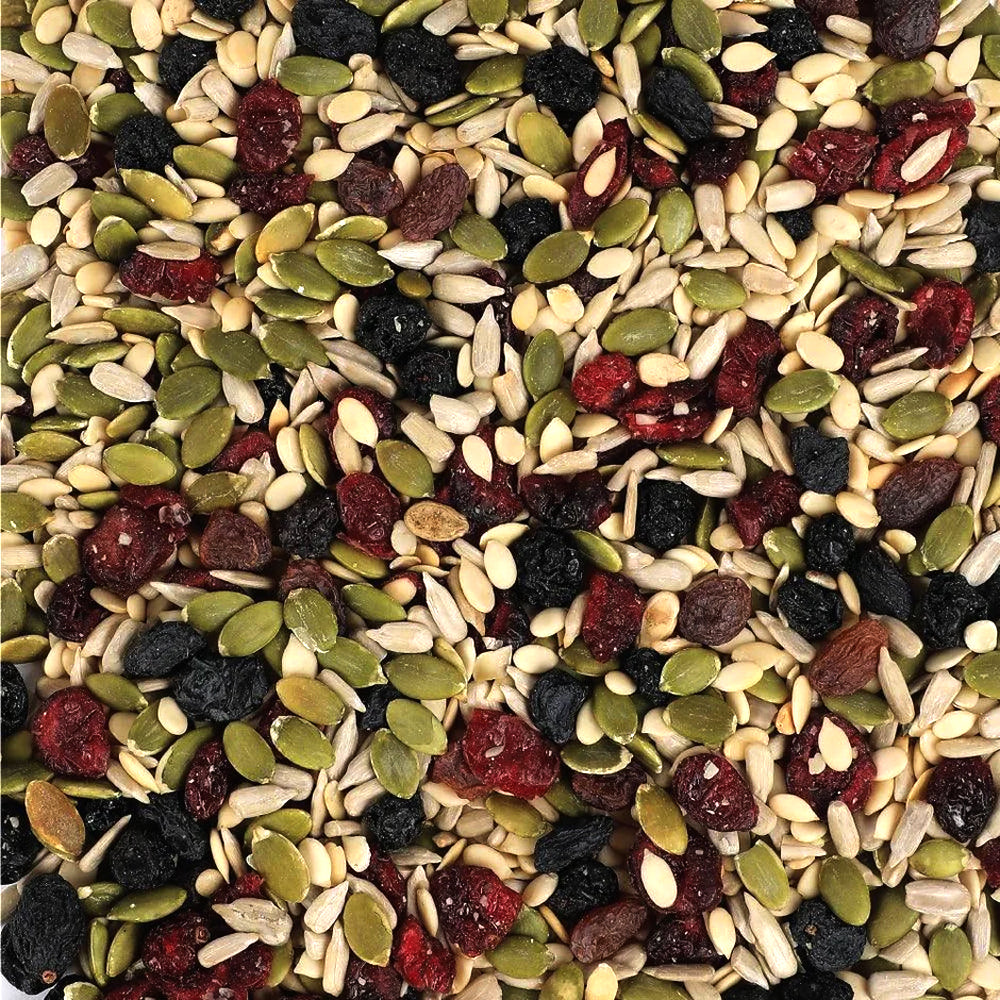 Inside view of Jewel Farmer Happy Breakfast 200g – A nutritious blend of organic dry fruits and mixed seeds including pumpkin seeds, sunflower seeds, cranberries, blueberries, black raisins etc.