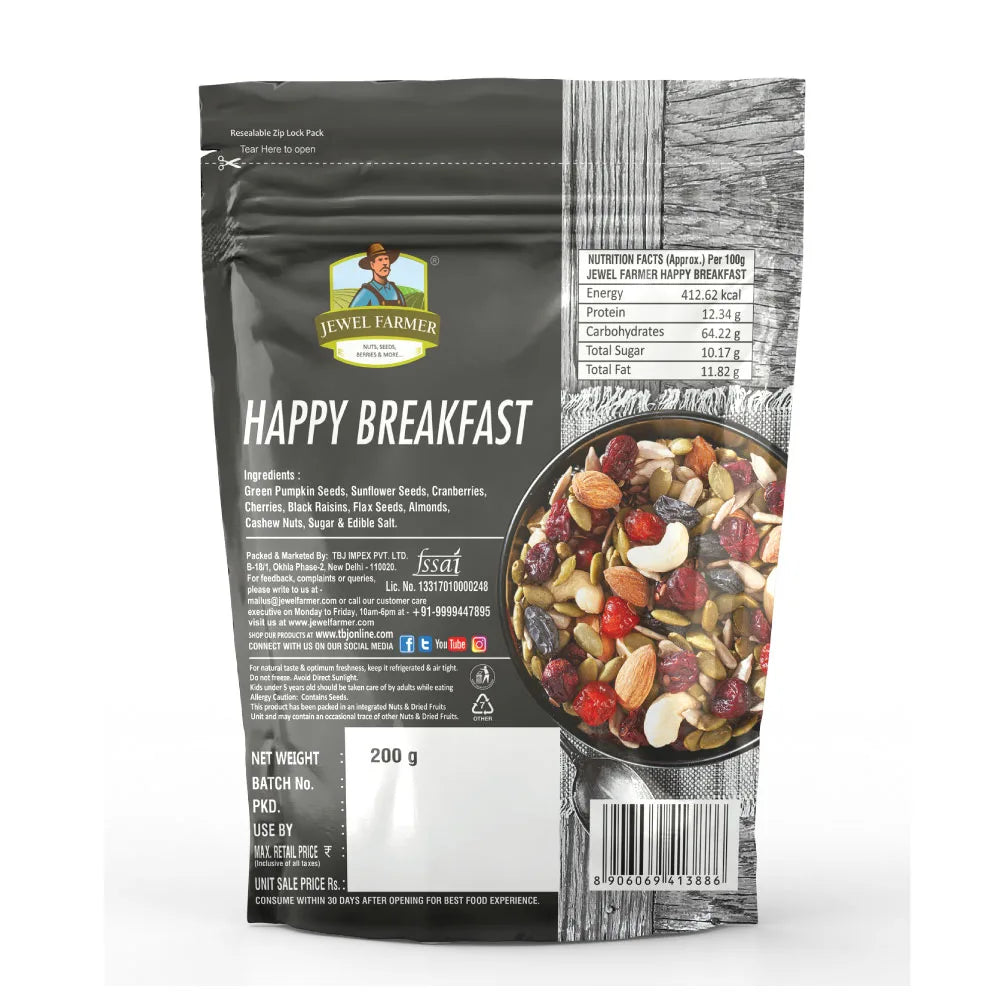 back view of jewel farmer happy breakfast 200g pack showing nutritional information, ingredients list, storage instructions, and fssai certification.