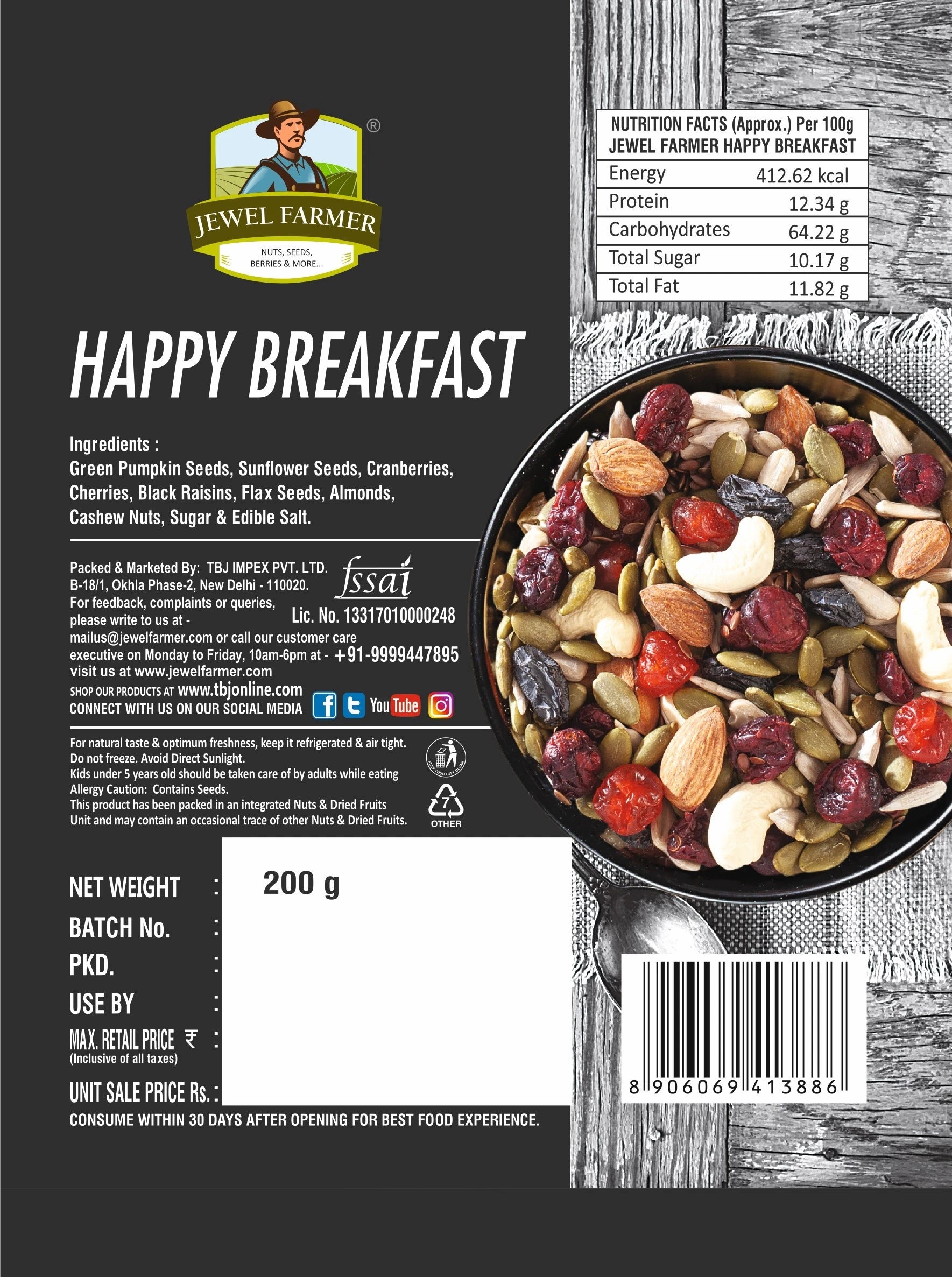 Jewel Farmer Happy Breakfast 200g information image highlighting key ingredients, nutritional chart, health benefits, and clean label details.