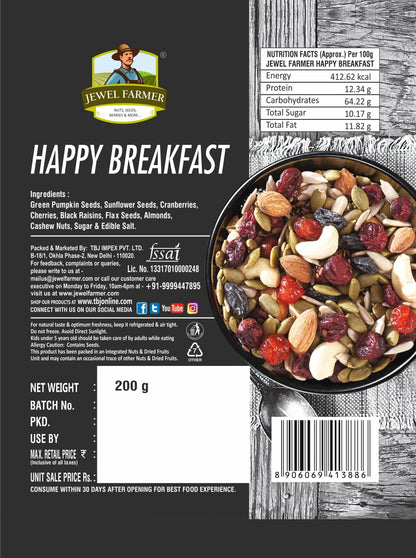 Jewel Farmer Happy Breakfast 200g information image highlighting key ingredients, nutritional chart, health benefits, and clean label details.