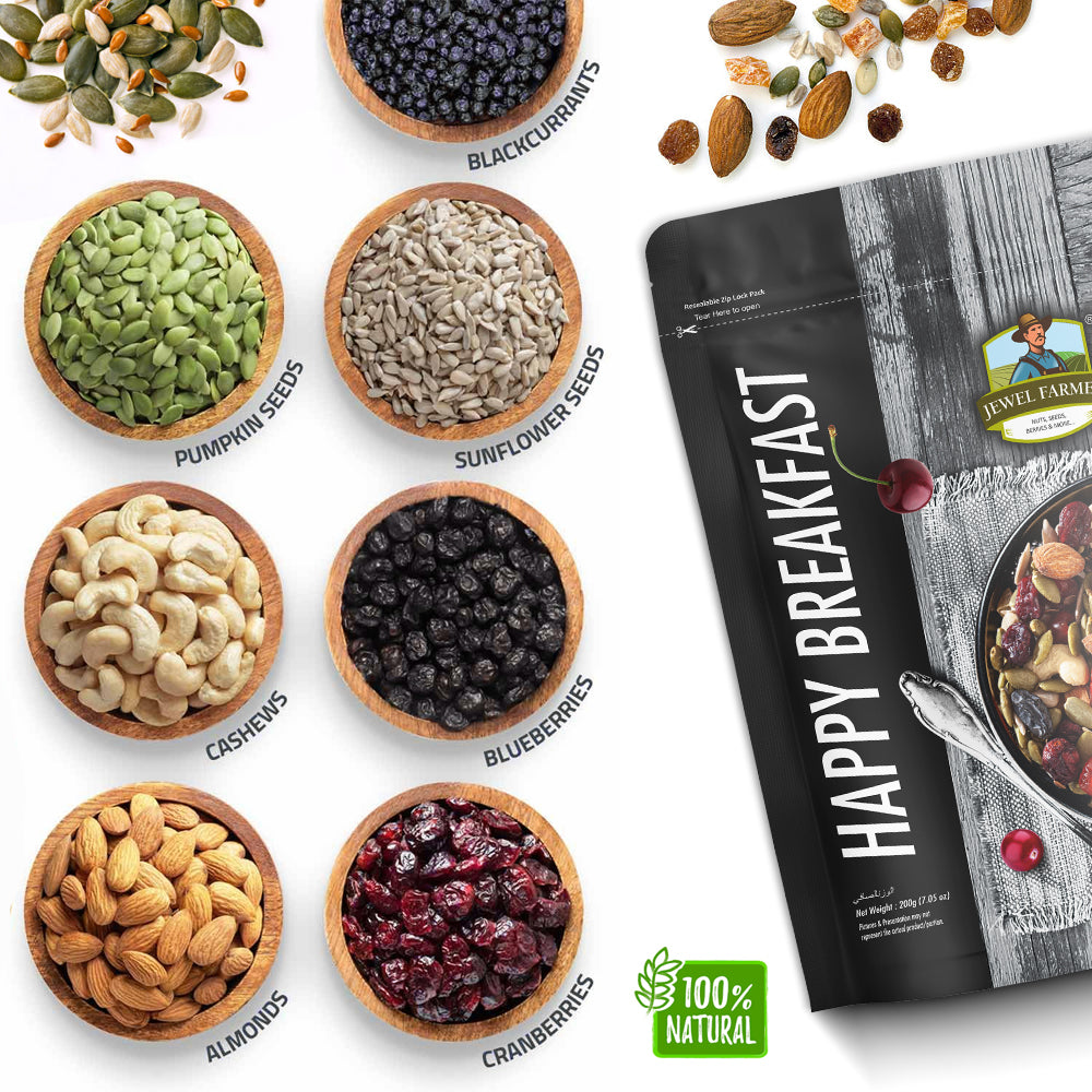 Inside view of Jewel Farmer Happy Breakfast 200g – A nutritious blend of organic dry fruits and mixed seeds including almonds, cashews, pumpkin seeds, sunflower seeds, chia seeds, and flaxseeds, black current, 