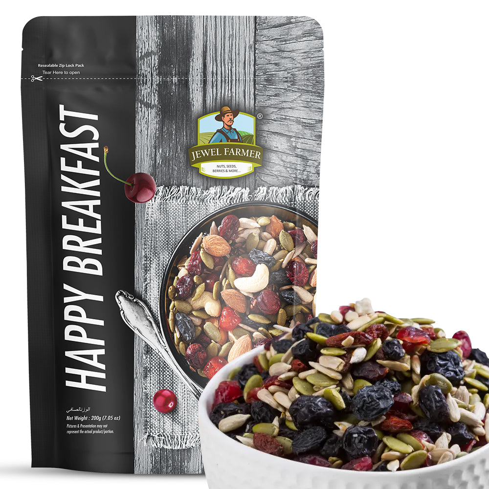 Jewel Farmer Happy Breakfast 200g – High Protein Organic Breakfast Mix in Premium Packaging by TBJ Impex Pvt. Ltd.