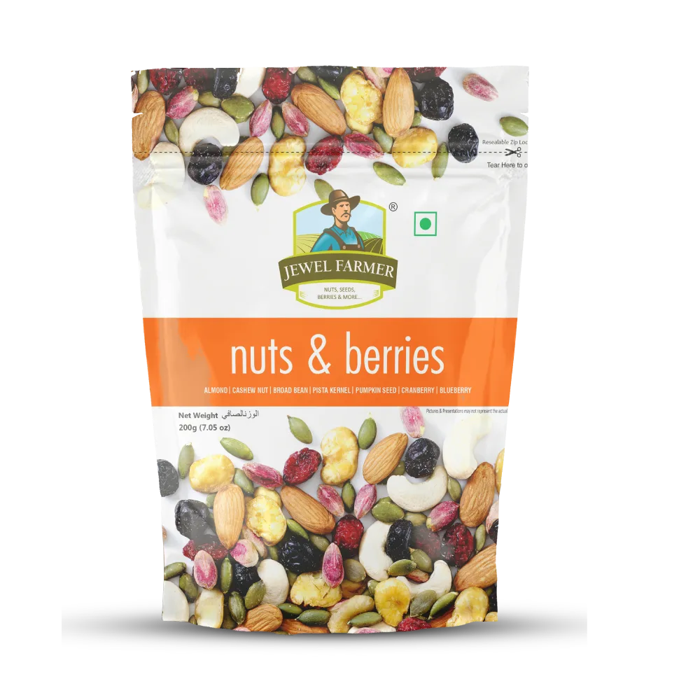 Jewel Farmer Nuts & Berries 200g – A nutritious blend of almonds, cashews, walnuts, raisins, cranberries, and other antioxidant-rich berries in premium packaging by TBJ Impex Pvt. Ltd.