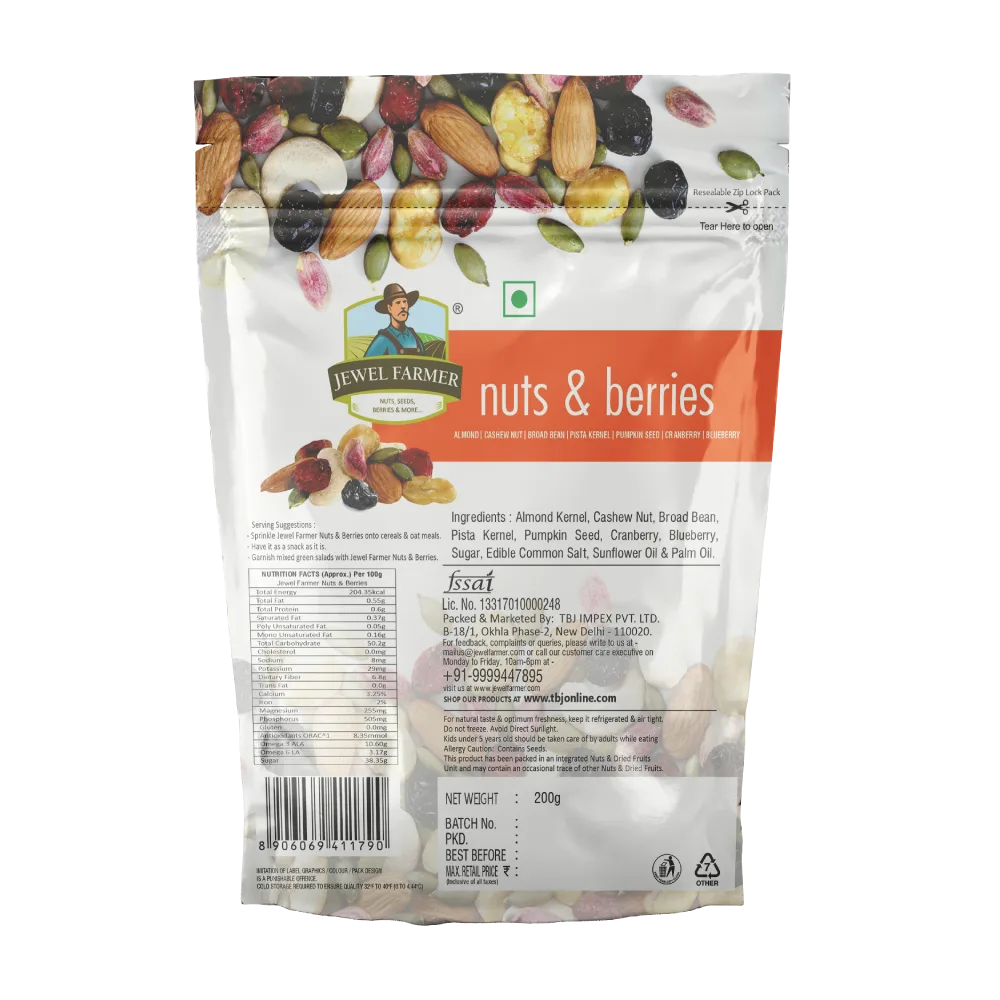 Back side of Jewel Farmer Nuts & Berries 200g pack showing detailed nutritional facts, ingredients, storage guidelines, FSSAI license, and manufacturer details – healthy dry fruits and berries mix by TBJ Impex Pvt. Ltd.
