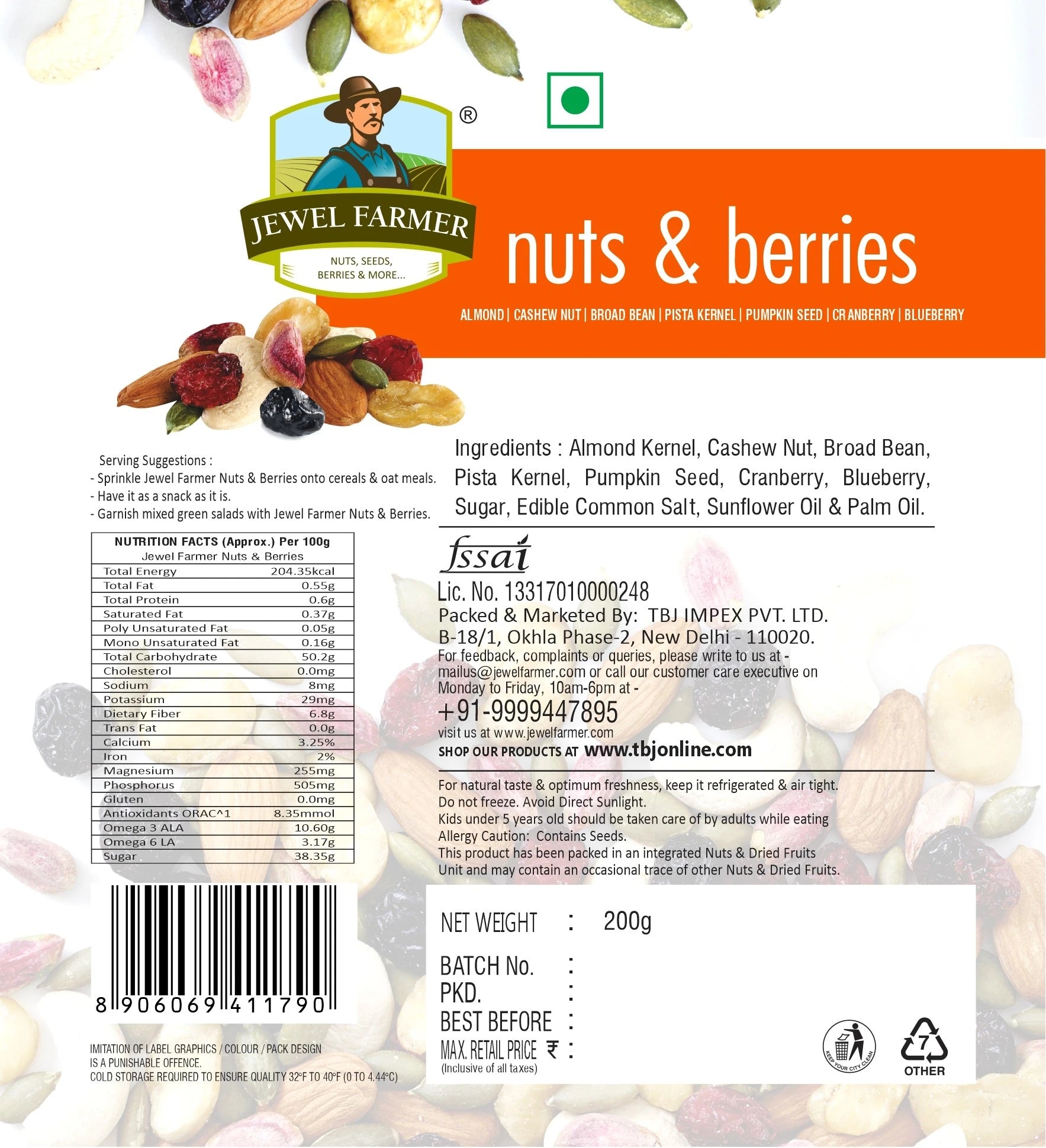 Information image of Jewel Farmer Nuts & Berries 200g showing nutritional value chart, ingredients list, allergen advice, and health benefits of dry fruits and berries blend or Broad bean, pista kernel etc.