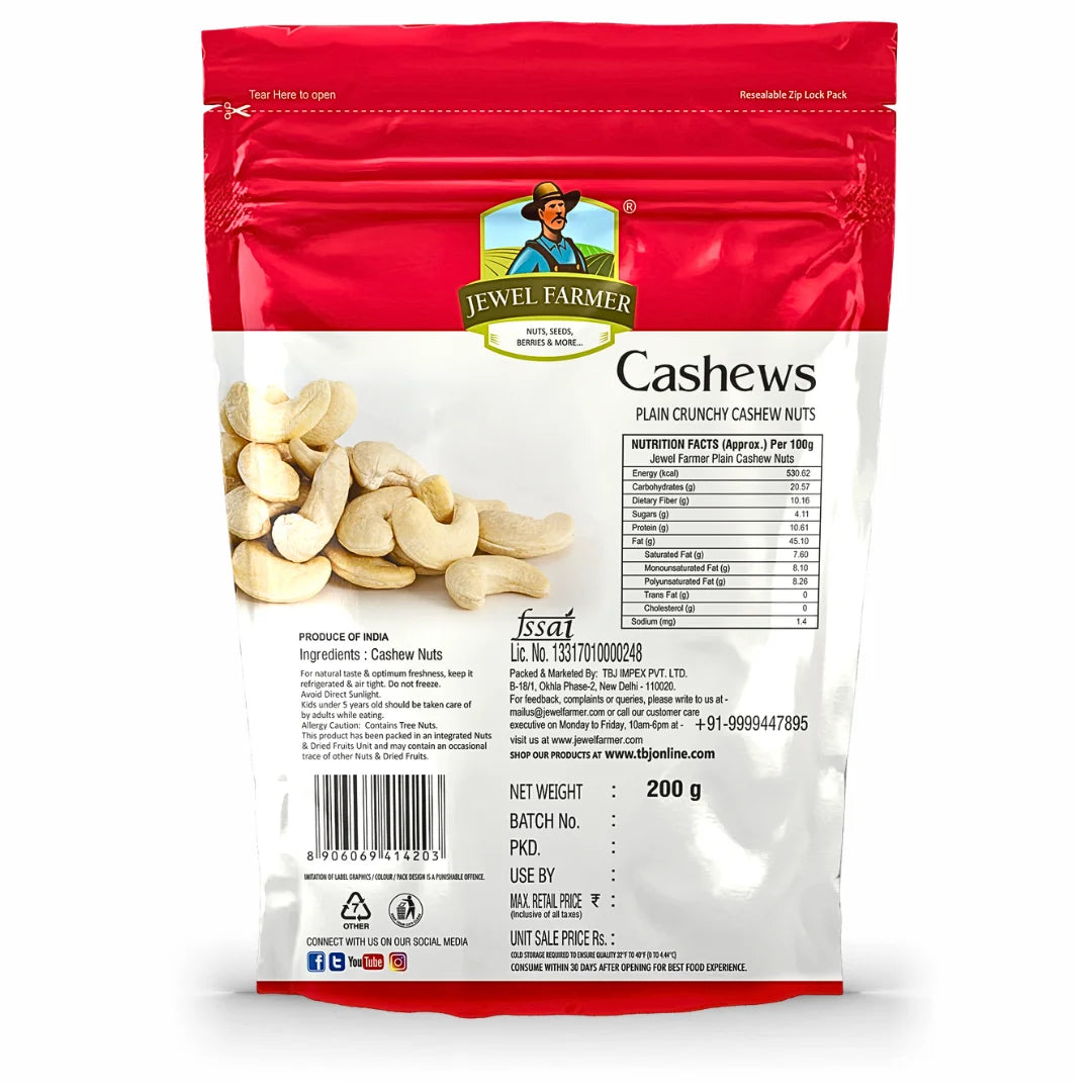 Back view of Jewel Farmer Plain Cashew Nuts 200g dry fruits packaging. 
