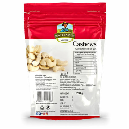 Back view of Jewel Farmer Plain Cashew Nuts 200g dry fruits packaging. 