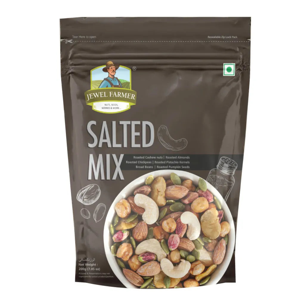 jewel farmer salted mix 200g – tasty and crunchy mix of roasted dry fruits and seeds. high-protein, savory snack for fitness, travel, and healthy lifestyle.
