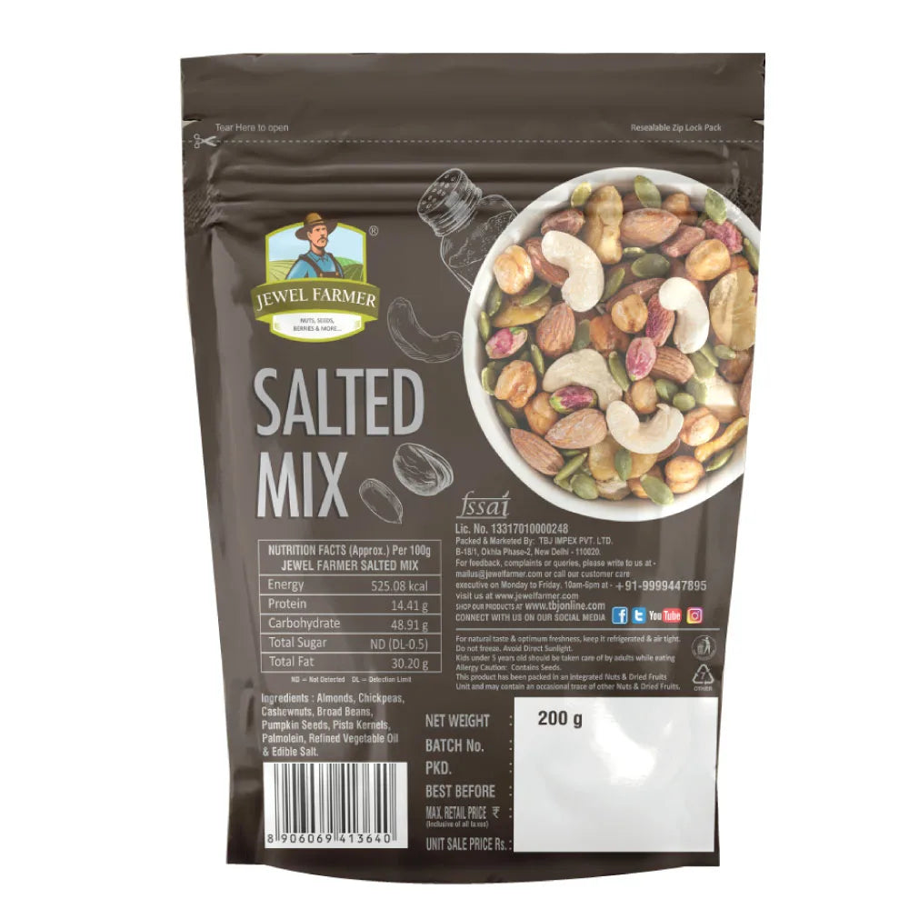 back image of jewel farmer salted mix 200g – displays nutritional facts, ingredients, and health benefits of protein-rich roasted dry fruits and seeds snack.