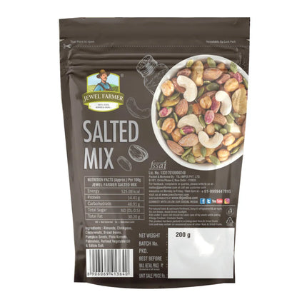 Back image of Jewel Farmer Salted Mix 200g – Displays nutritional facts, ingredients, and health benefits of protein-rich roasted dry fruits and seeds snack.