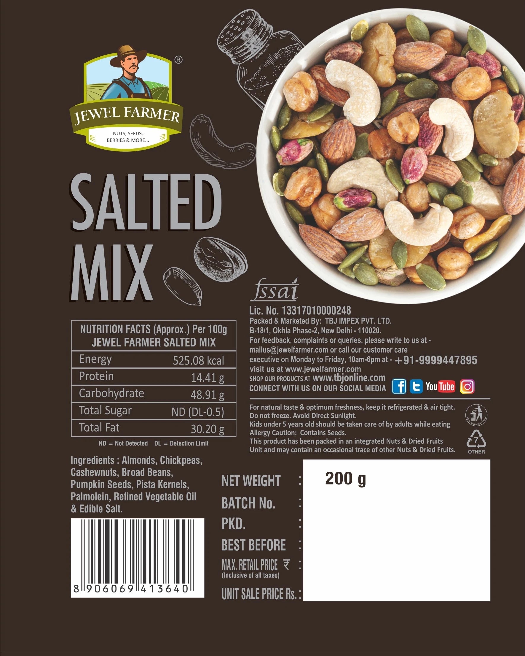 Jewel Farmer Salted Mix 200g information image – Complete nutritional chart and ingredients list of roasted dry fruits and seeds. Ideal for healthy snacking.