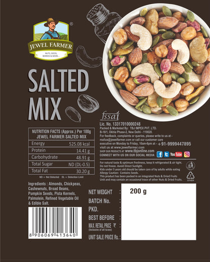 Jewel Farmer Salted Mix 200g information image – Complete nutritional chart and ingredients list of roasted dry fruits and seeds. Ideal for healthy snacking.